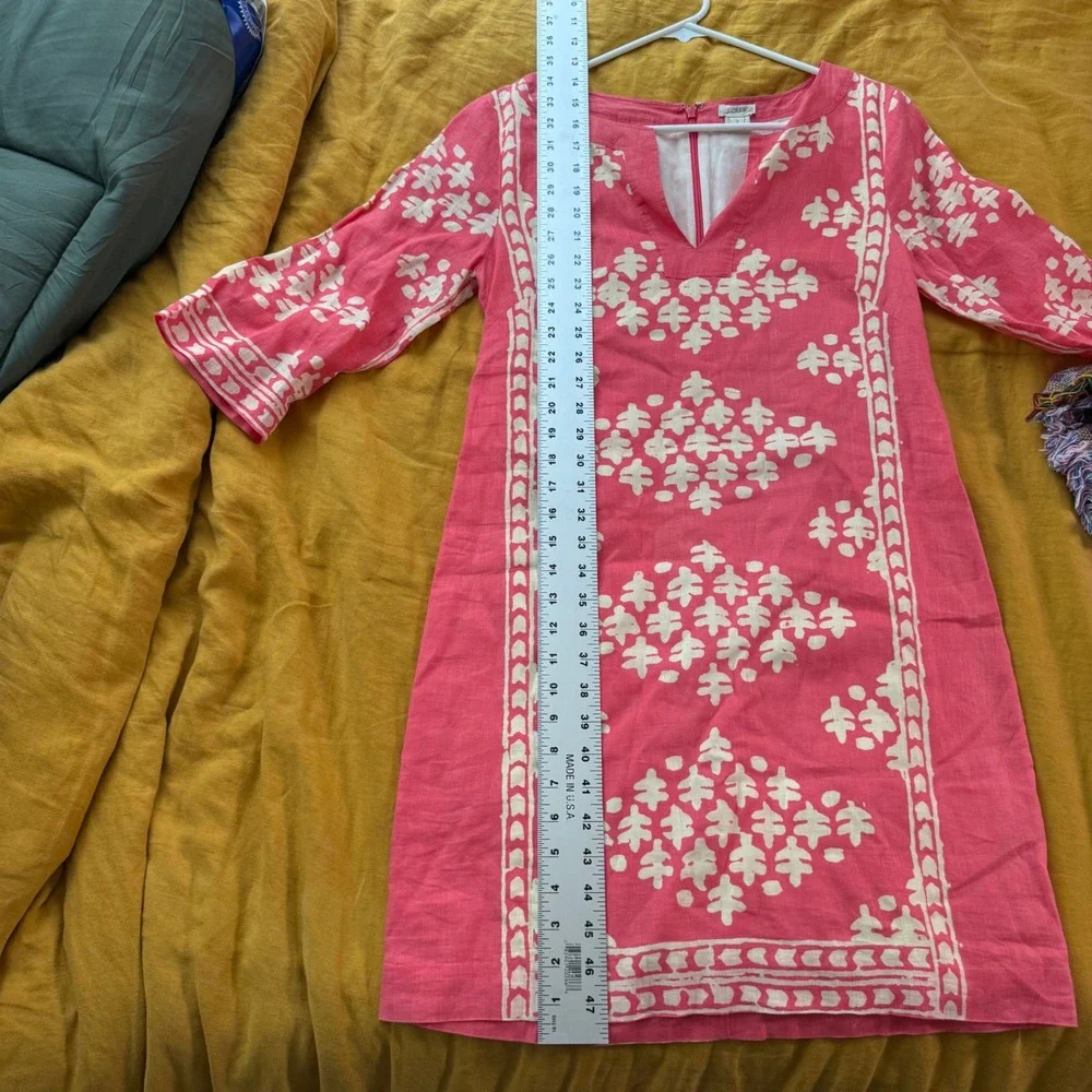 J.Crew‎ Pink Linen Block Print Split Neck Shift Dress 3/4 Sleeve Womens Size 2